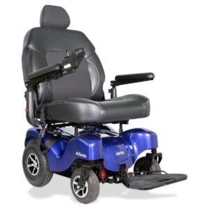 Front side view of the Merits Atlantis wheelchair in vibrant blue color, highlighting its design and features."