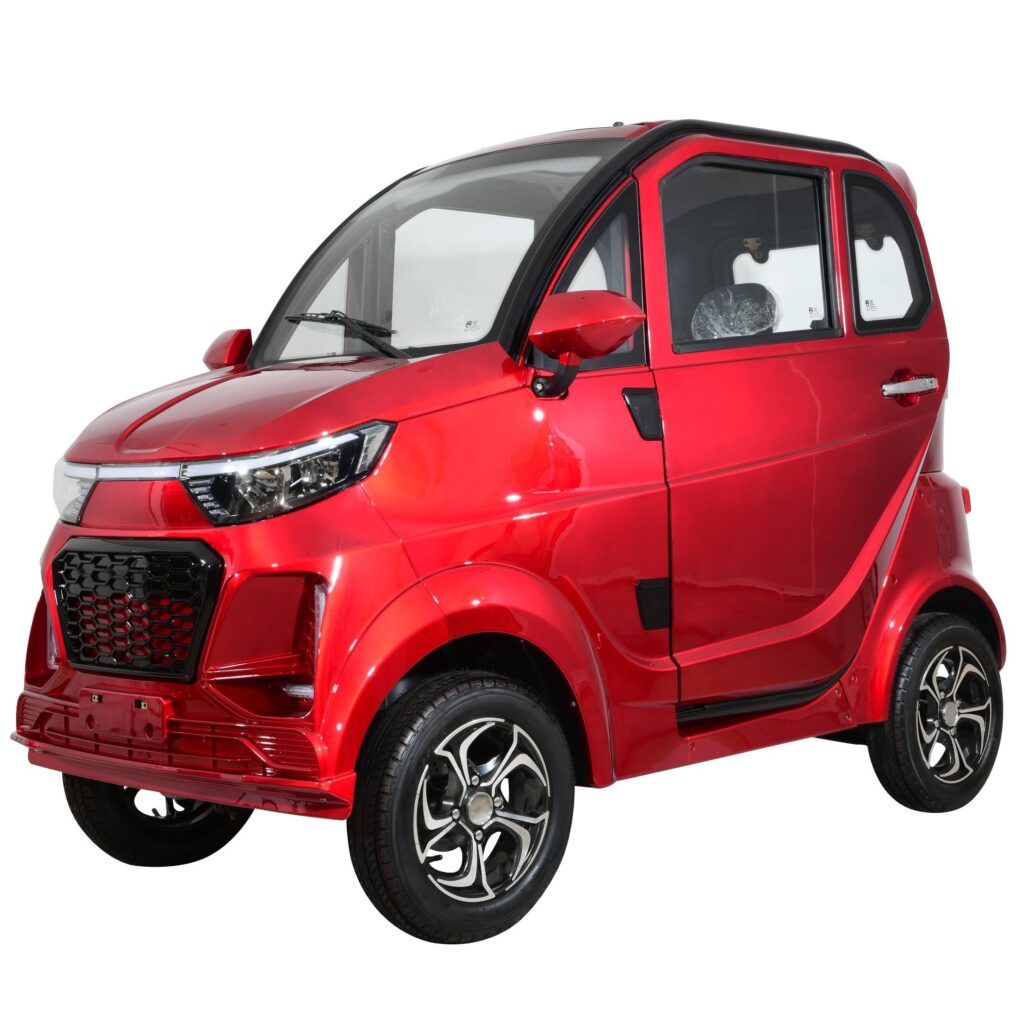 Vibrant red Green Transporter Q Express showcasing a futuristic design with clear windows, alloy wheels, and high visibility, promoting sustainable urban transport.