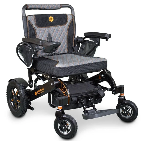 Front view of Bangeran Mammoth electric wheelchair showing seat cushion joystick and footrest