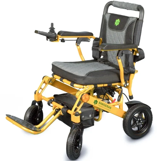 Bangeran Pegasus compact electric wheelchair left front view with footrest down.