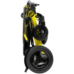 Forcemech Navigator Pro Heavy-Duty Foldable Electric Wheelchair folded upright in yellow with compact wheels for easy storage.
