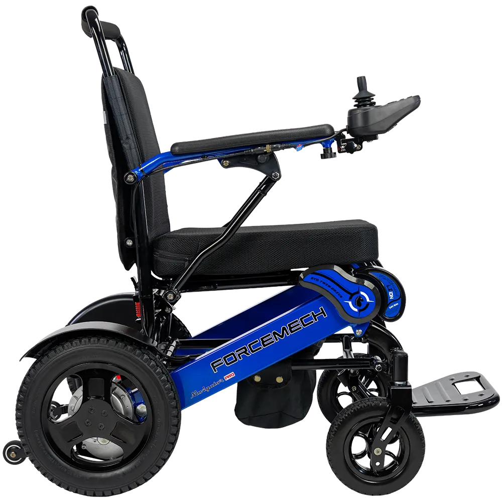 Forcemech Navigator Pro Heavy-Duty Foldable Electric Wheelchair in blue shown from the side with strong wheels and a padded seat.