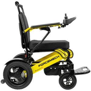Forcemech Navigator Pro Heavy-Duty Foldable Electric Wheelchair in yellow shown from the side with a solid frame and comfortable seat.