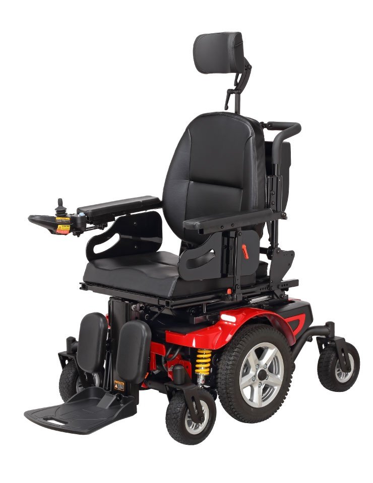 Merits Vector HD P323 rehab power wheelchair in candy apple red front three quarter view