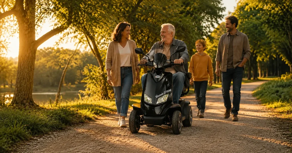 Older adult riding a Merits Silverado Extreme mobility scooter on a tree lined trail with family walking alongside
