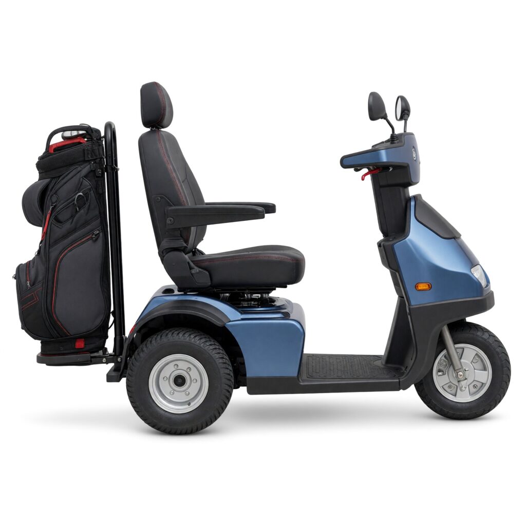 Blue Afiscooter S3 2-in-1 three wheel golf cart mobility scooter with extra wide rear golf tires and a golf bag in the rear bag holder, side view