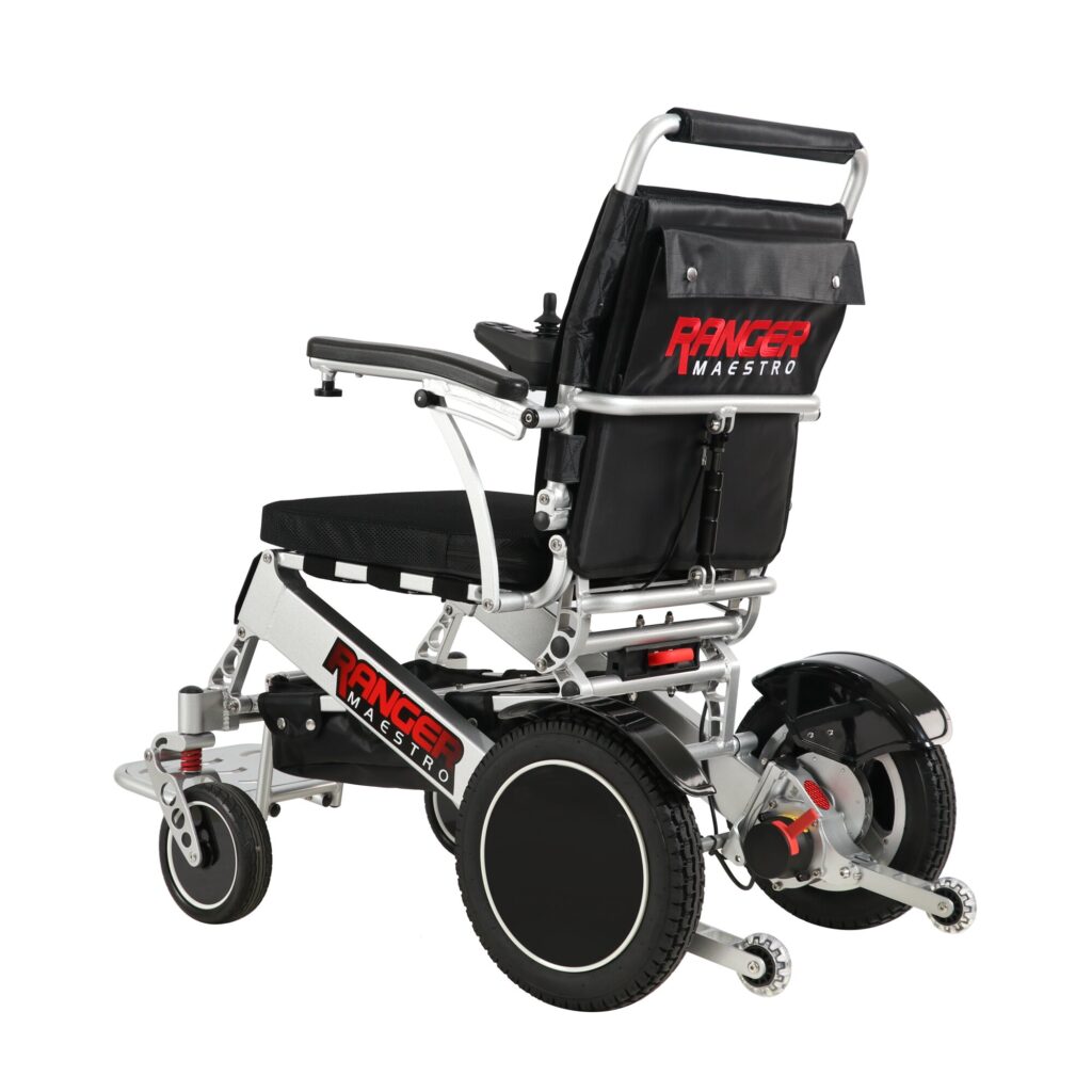 Porto Mobility Ranger Maestro XL reclining folding power wheelchair, angled rear view from the left