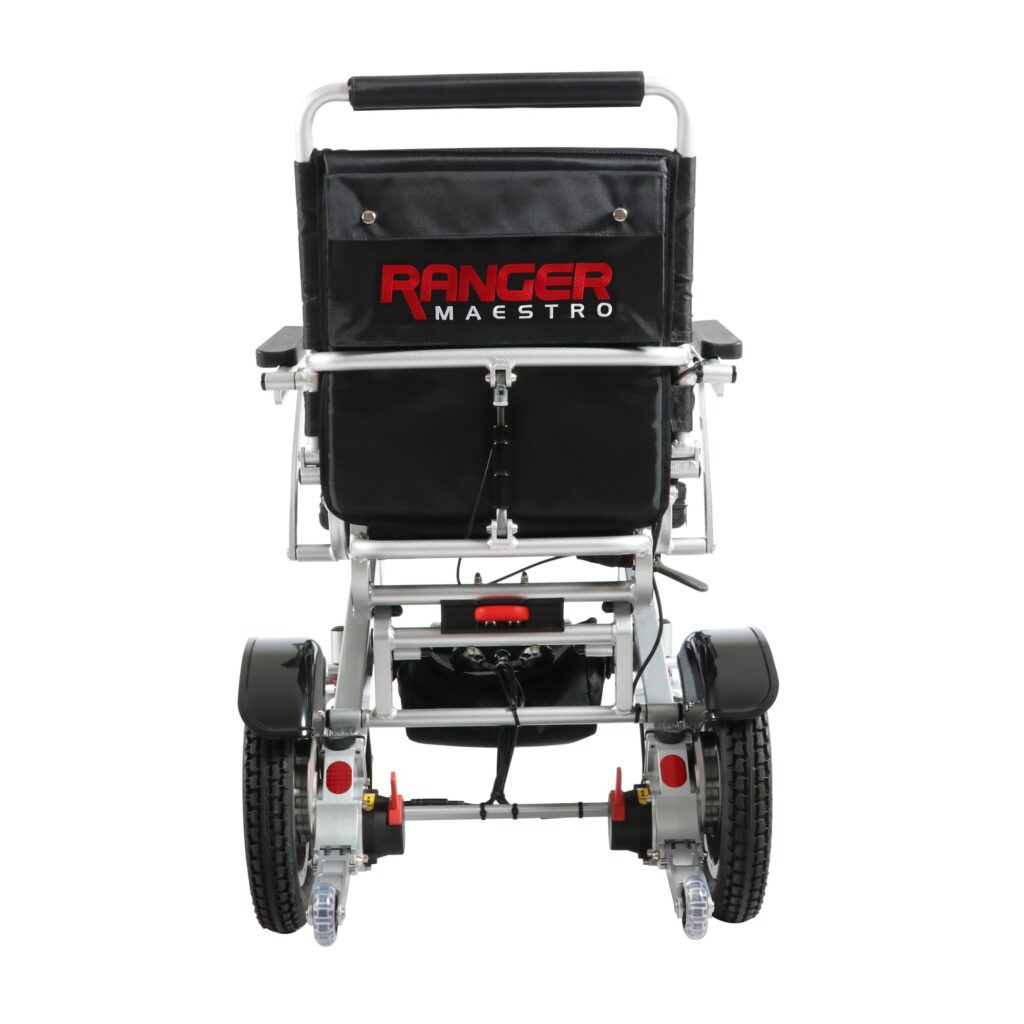 Porto Mobility Ranger Maestro XL reclining folding power wheelchair, straight rear view showing back pocket and push handle