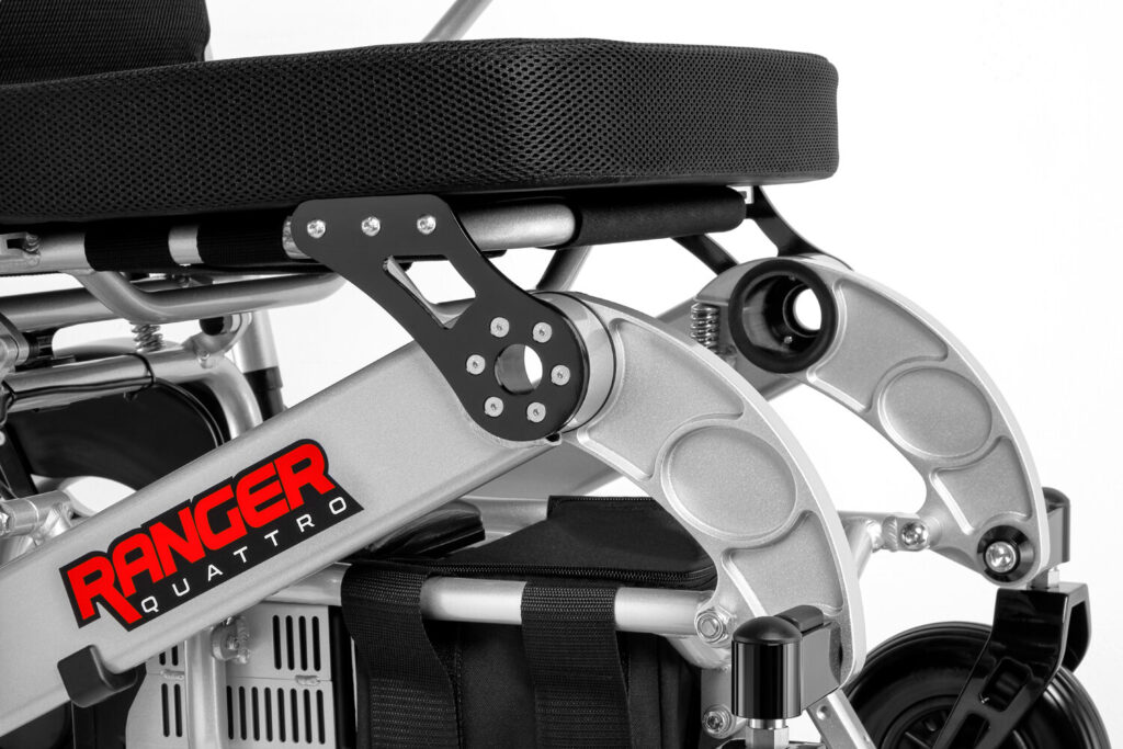 Porto Mobility Ranger Quattro XXL folding power wheelchair, close up of the seat bracket and folding frame below the cushion
