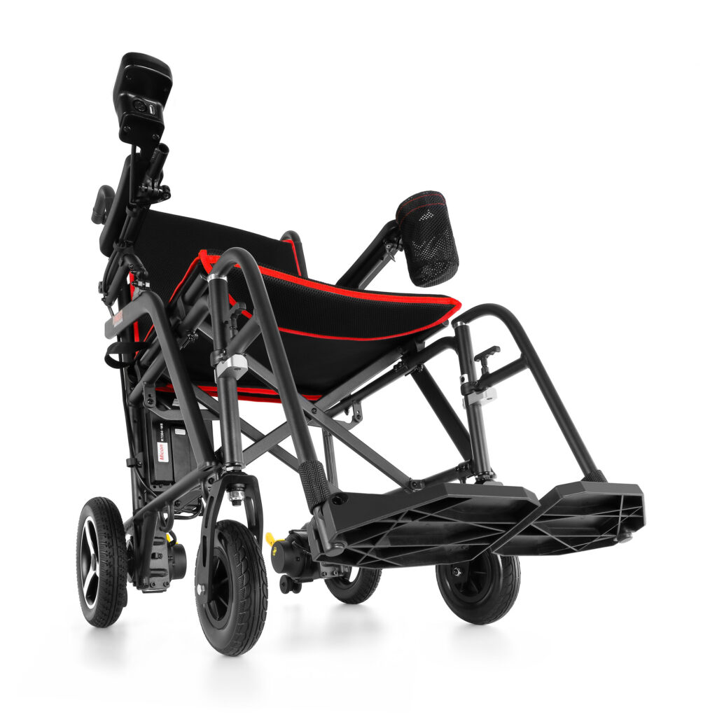 Porto Mobility Ranger Skylight folding power wheelchair with armrests raised, low angled front view