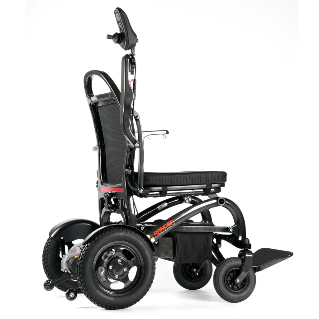 Porto Mobility Ranger TorqueLite folding power wheelchair, side view with joystick armrest raised