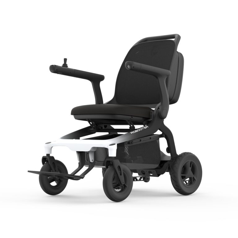 Robooter E80 carbon fiber power wheelchair in black, front three quarter view