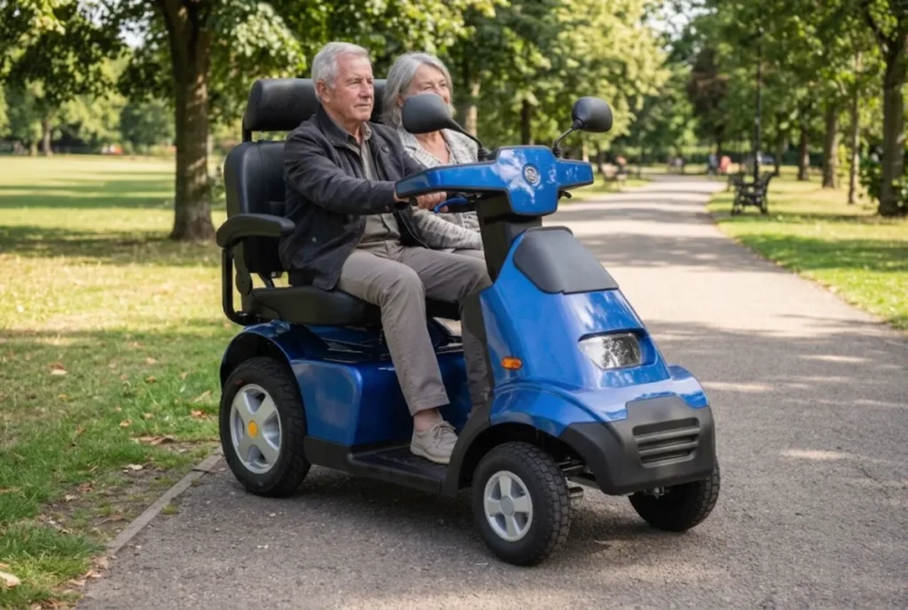 An older couple riding a blue Afiscooter S4 Dual side by side on a park path