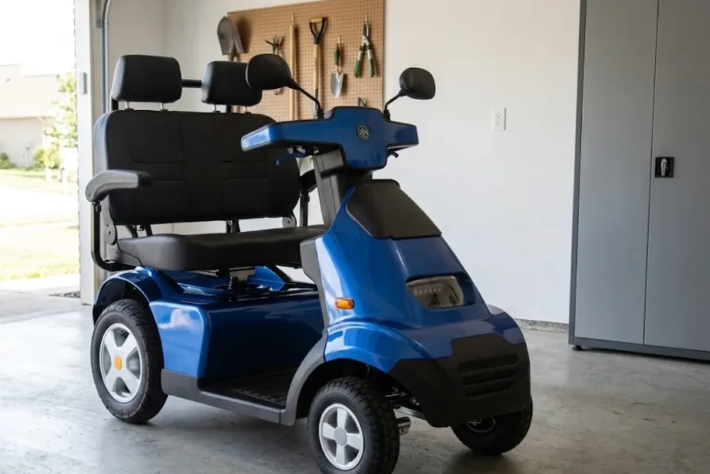 A blue Afiscooter S4 Dual parked in a home garage next to a wall outlet